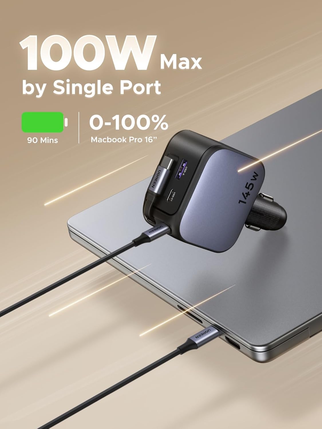 Fast Charging Cable - UGREEN 145W 3C1A einziehbares Autoladegerät, USB-C-Autotelefon-Ladegerät,