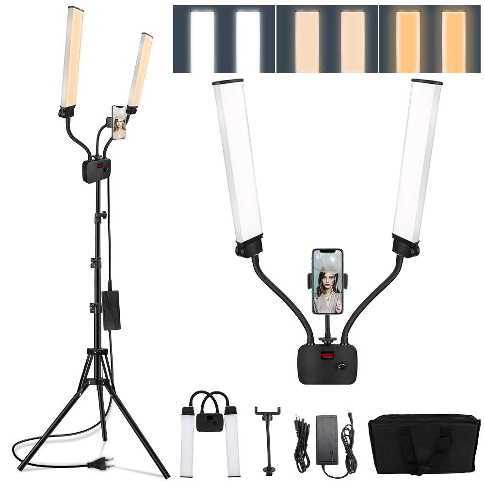 Led Strip Selfie - Doppelarm-LED-Fotostudio-Beleuchtung mit Langstreifen-LED-Ringlicht, Stativ und LCD-Bildschirm,